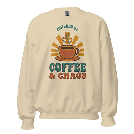 Powered By Coffee And Chaos retro groovy teacher crewneck sweatshirt — Sand, front