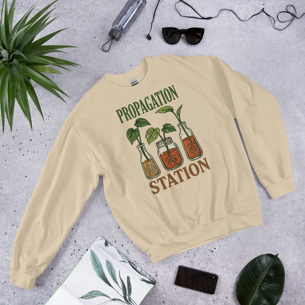 Propagation Station retro botanical plant lover crewneck sweatshirt — Sand, front angled