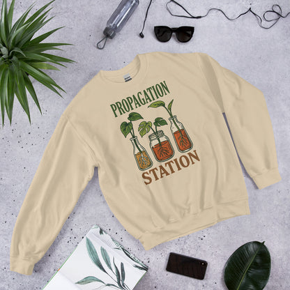 Propagation Station retro botanical plant lover crewneck sweatshirt — Sand, front angled