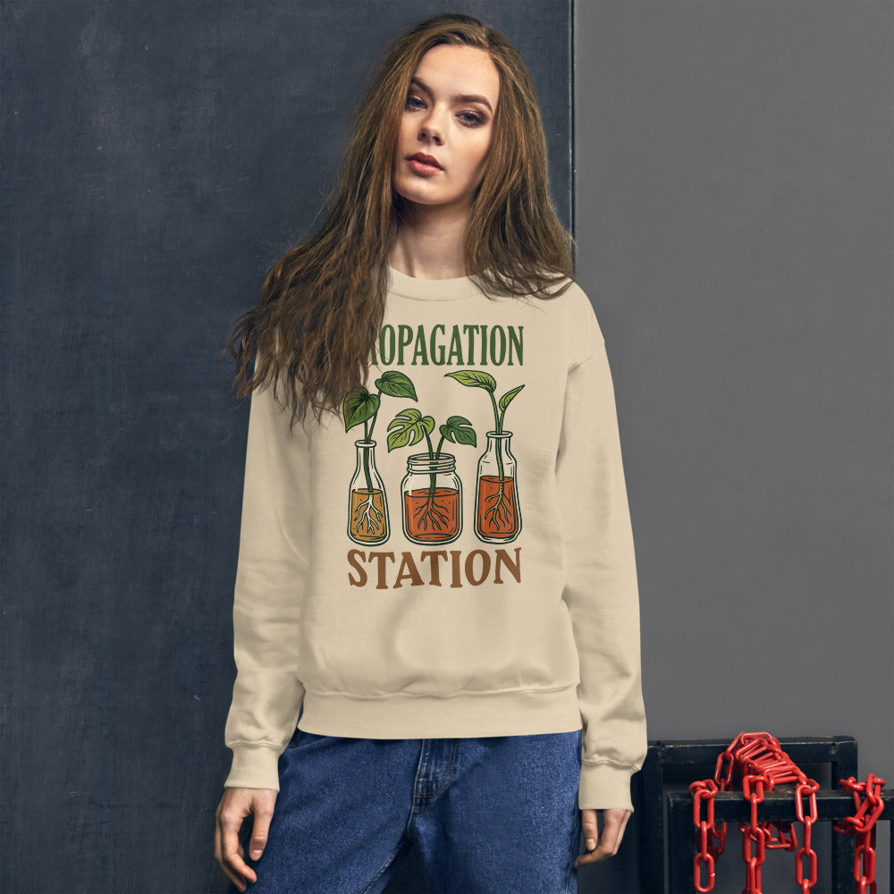 Propagation Station retro botanical plant lover crewneck sweatshirt — Sand, on model