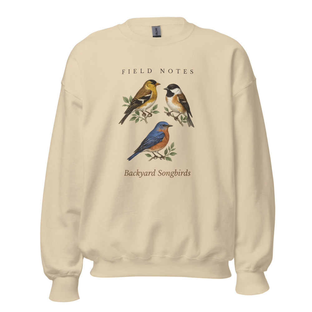 Backyard Songbirds vintage field-guide crewneck sweatshirt — Sand, front