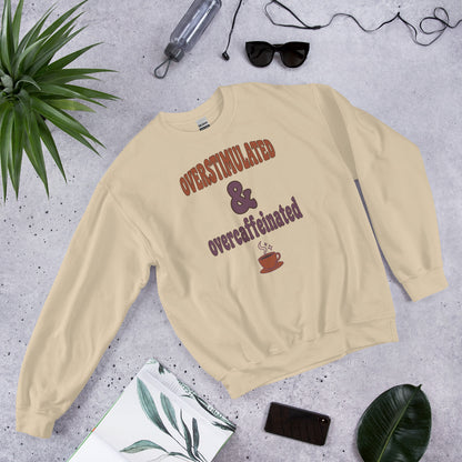 Overstimulated & Overcaffeinated soft retro coffee mental health crewneck sweatshirt — Sand, front-right