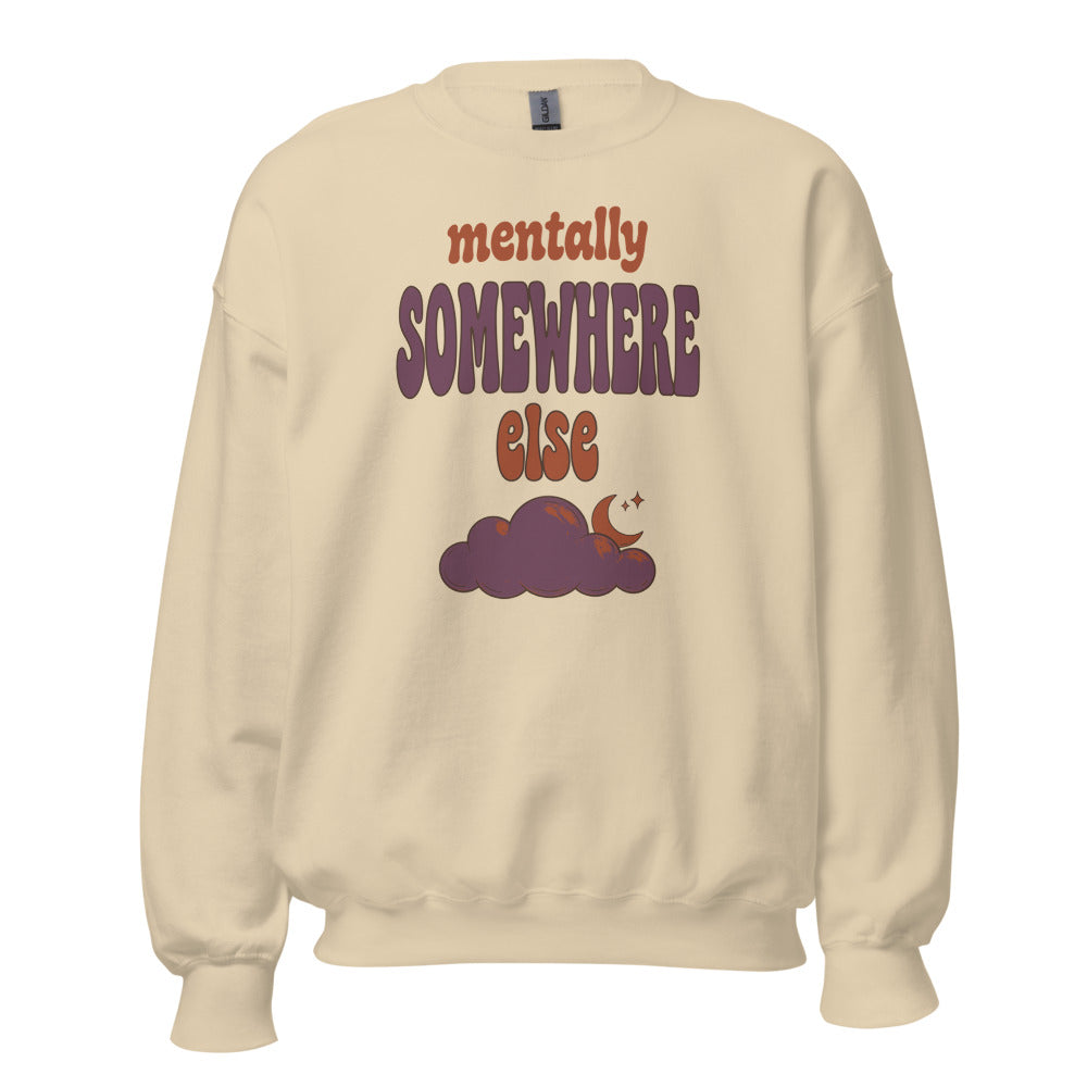 Mentally Somewhere Else soft retro daydream mental health crewneck sweatshirt — Sand, front