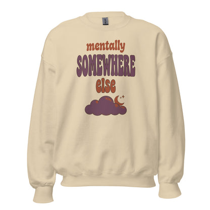 Mentally Somewhere Else soft retro daydream mental health crewneck sweatshirt — Sand, front