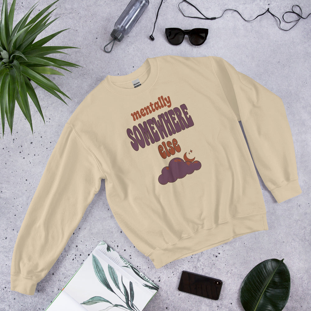 Mentally Somewhere Else soft retro daydream mental health crewneck sweatshirt — Sand, front-right