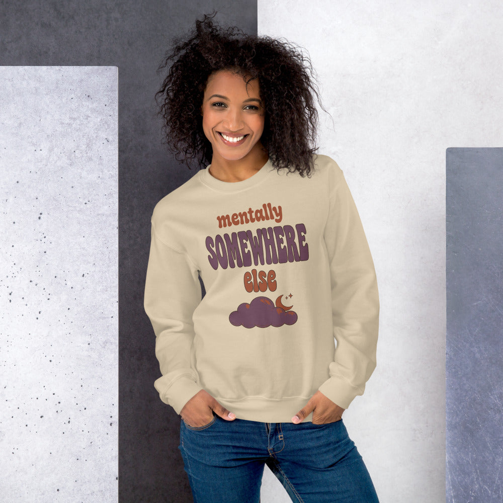 Mentally Somewhere Else soft retro daydream mental health crewneck sweatshirt — Sand, on model