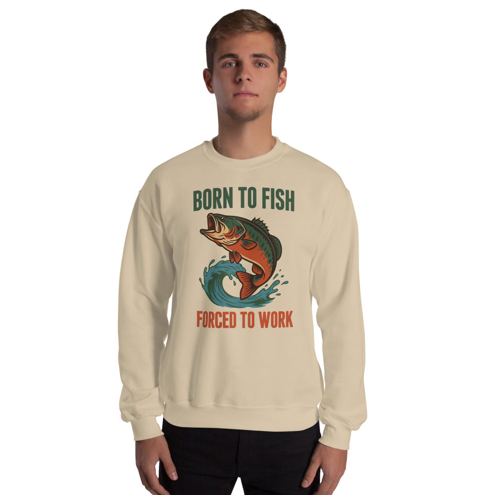 Born to Fish Forced to Work retro fishing humor crewneck sweatshirt — Sand, on model