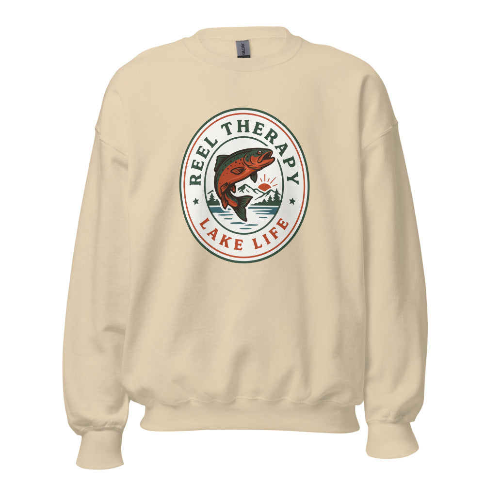 Reel Therapy retro national-park trout badge fishing crewneck sweatshirt — Sand, front