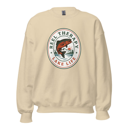Reel Therapy Sweatshirt, Lake Life Fishing Crewneck, Retro Trout Badge — Vintage Angler Gift