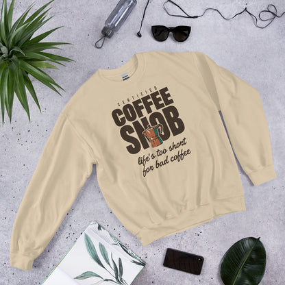 Certified Coffee Snob coffee crewneck sweatshirt — Sand, front-right