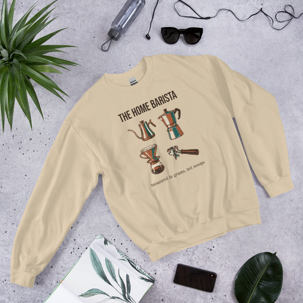 The Home Barista specialty coffee crewneck sweatshirt — Sand, front-right