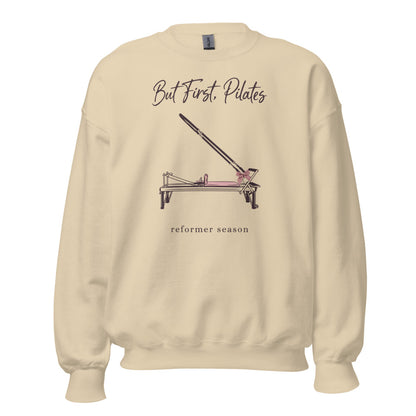 But First Pilates reformer line-art crewneck sweatshirt — Sand, front