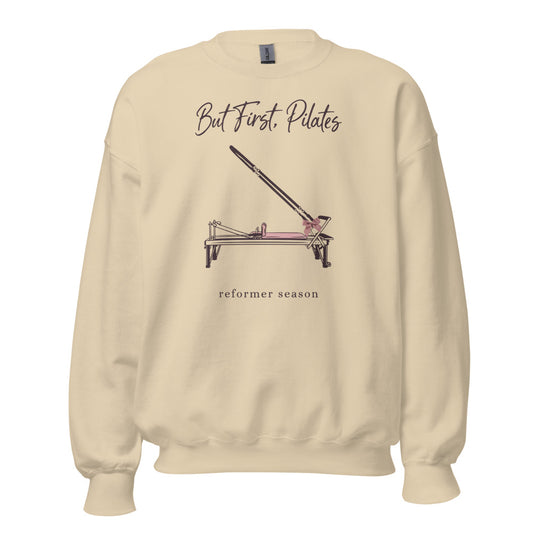 But First Pilates reformer line-art crewneck sweatshirt — Sand, front