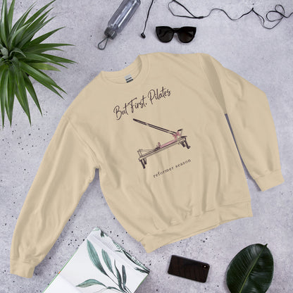 But First Pilates reformer line-art crewneck sweatshirt — Sand, front-right