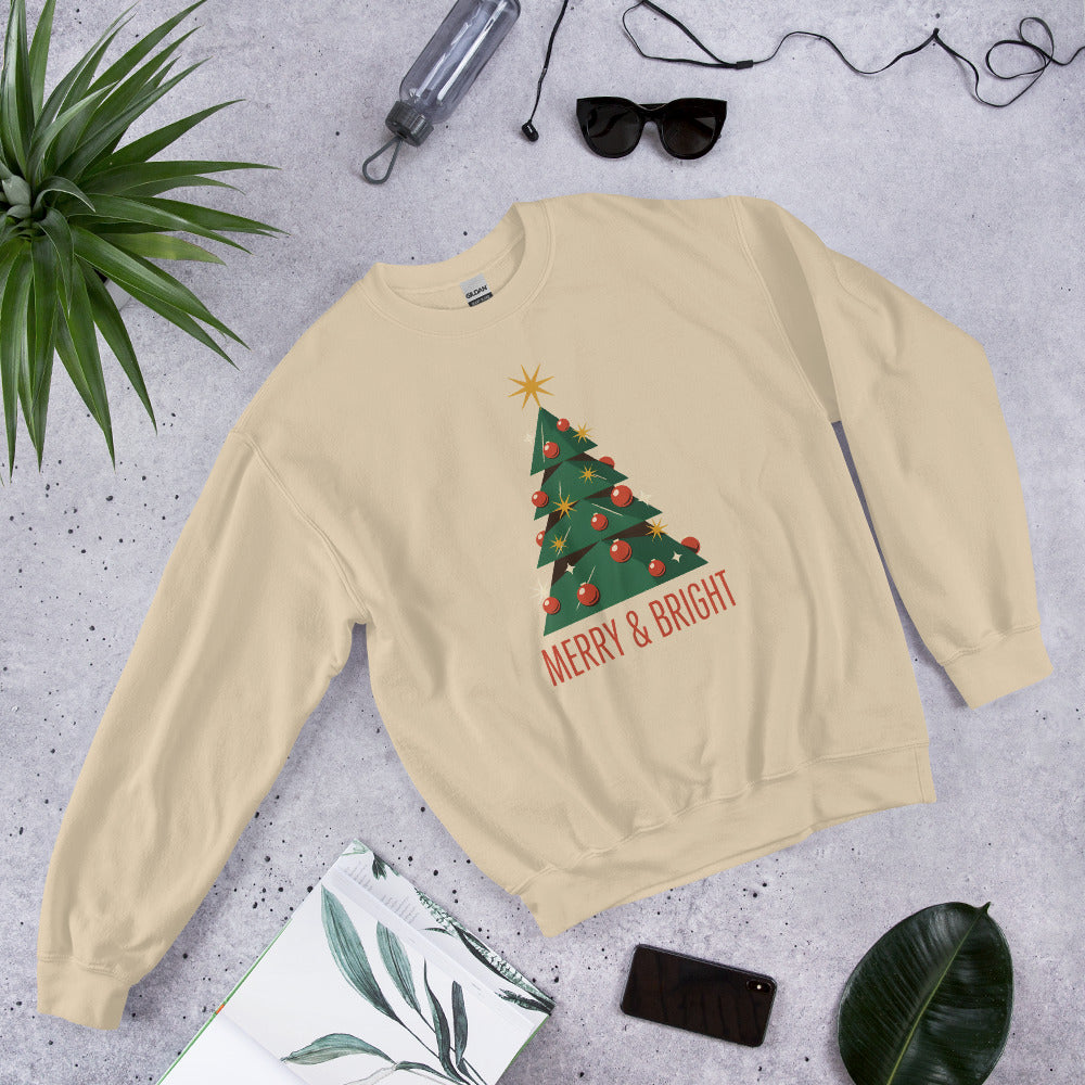 Atomic mid-century retro Christmas tree crewneck sweatshirt — Sand, front-right