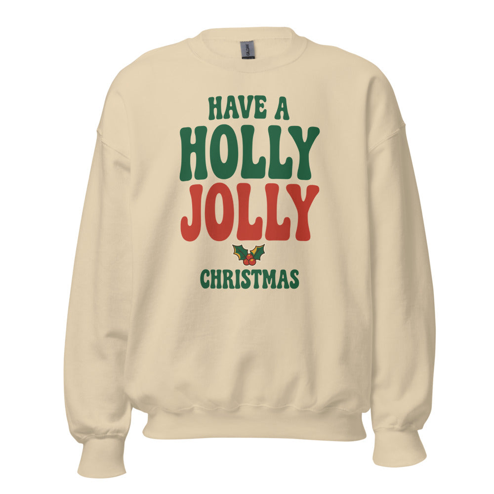 Groovy Holly Jolly retro Christmas crewneck sweatshirt — Sand, front