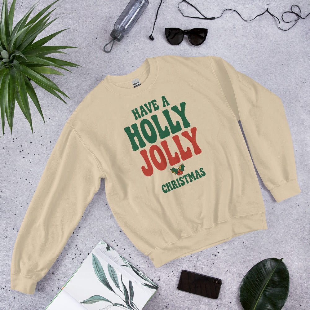 Groovy Holly Jolly retro Christmas crewneck sweatshirt — Sand, front-right