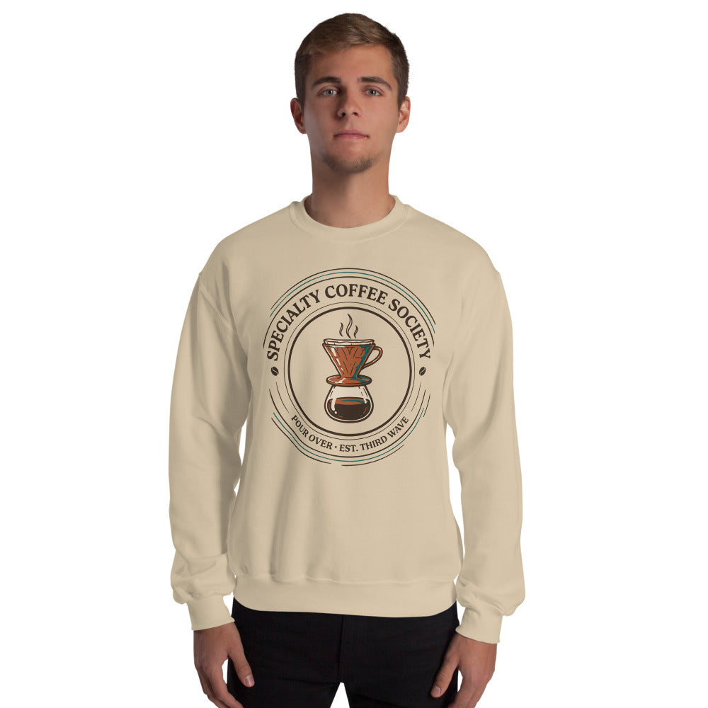 Specialty Coffee Society specialty coffee crewneck sweatshirt — Sand, on model