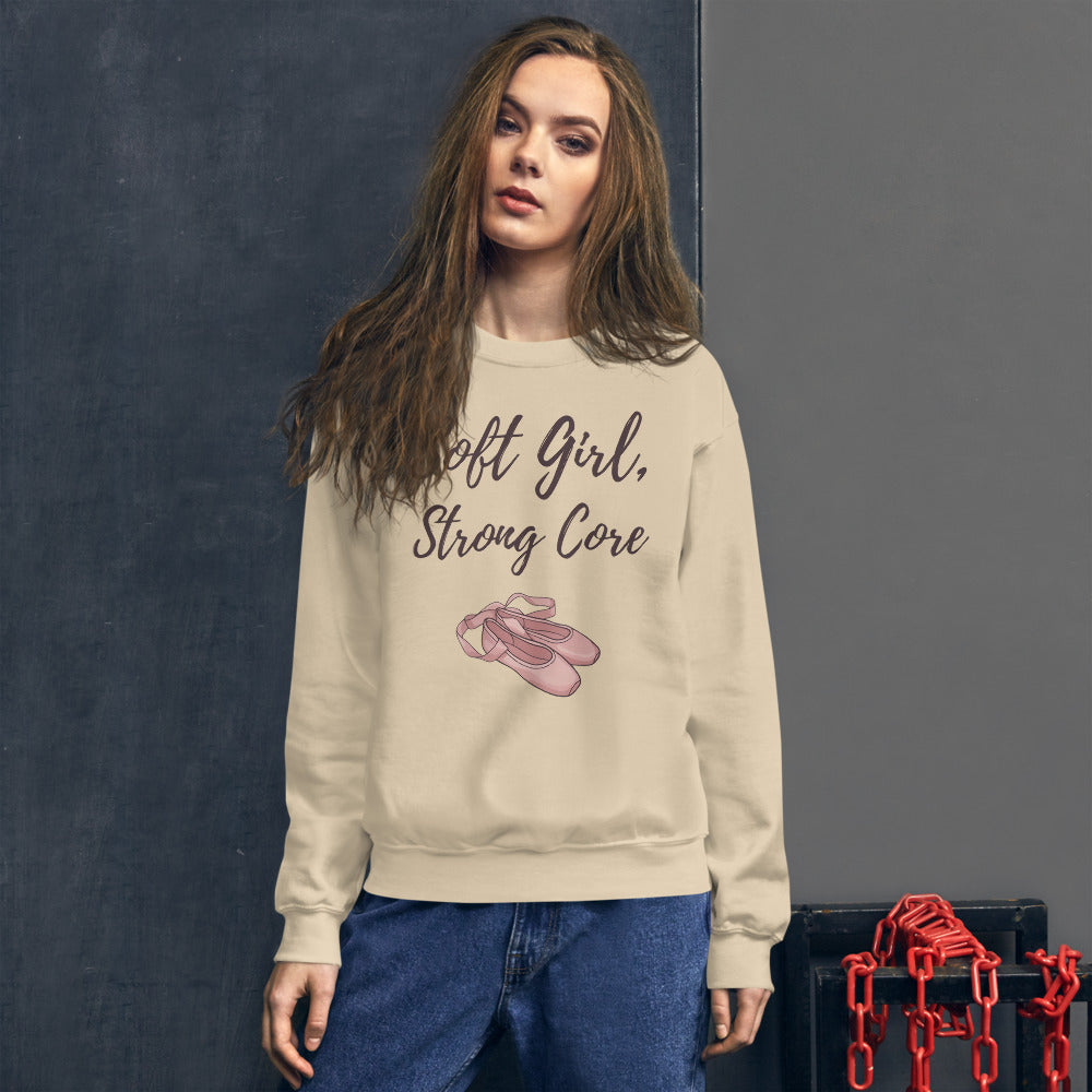 Soft Girl Strong Core ballet coquette pilates sweatshirt — Sand, on model