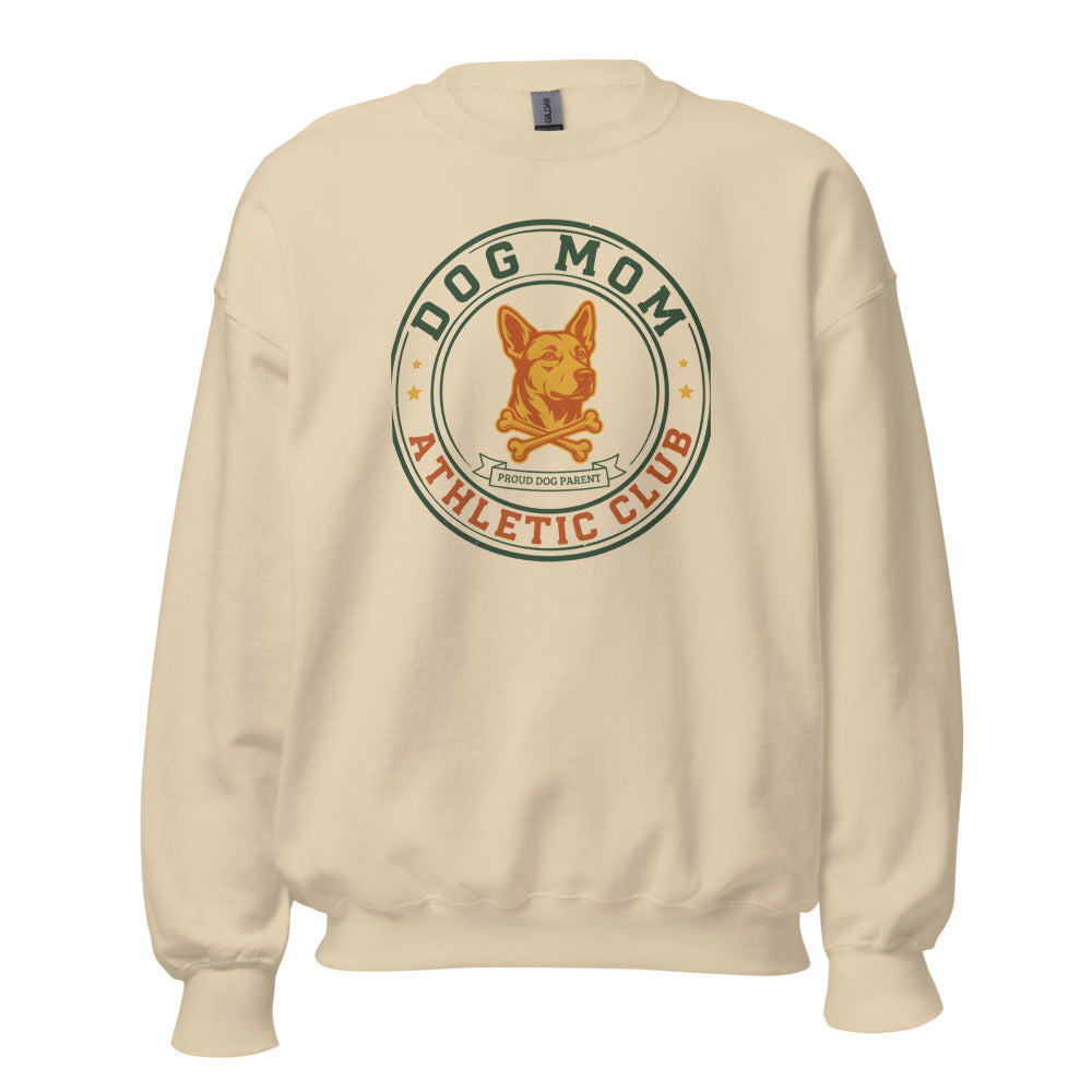 Dog Mom Athletic Club vintage varsity crest crewneck sweatshirt — Sand, front