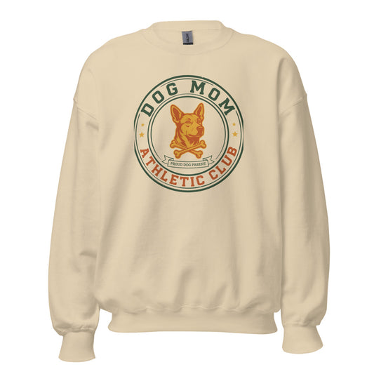 Dog Mom Athletic Club vintage varsity crest crewneck sweatshirt — Sand, front