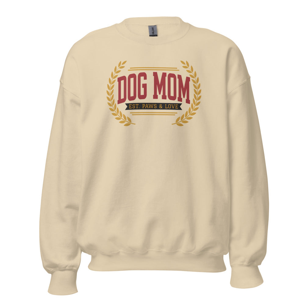 Dog Mom vintage varsity wordmark crewneck sweatshirt — Sand, front