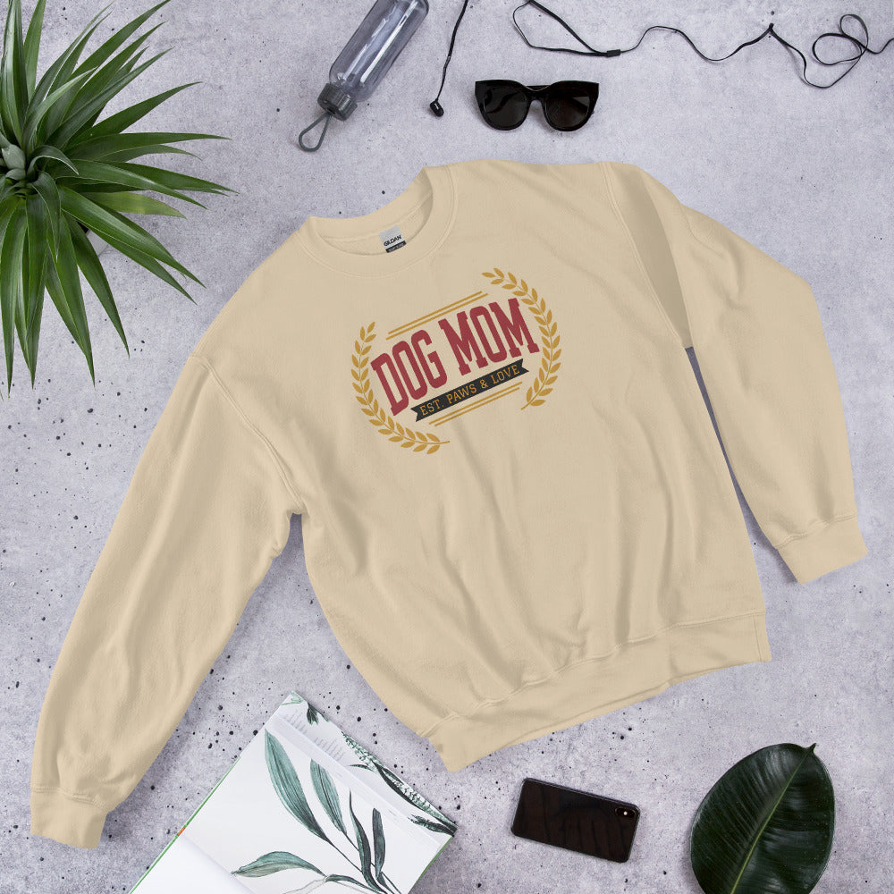 Dog Mom vintage varsity wordmark crewneck sweatshirt — Sand, front-right