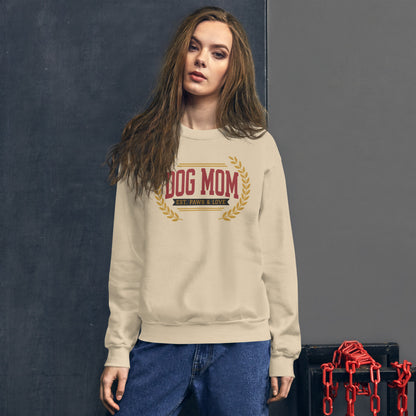 Dog Mom vintage varsity wordmark crewneck sweatshirt — Sand, on model
