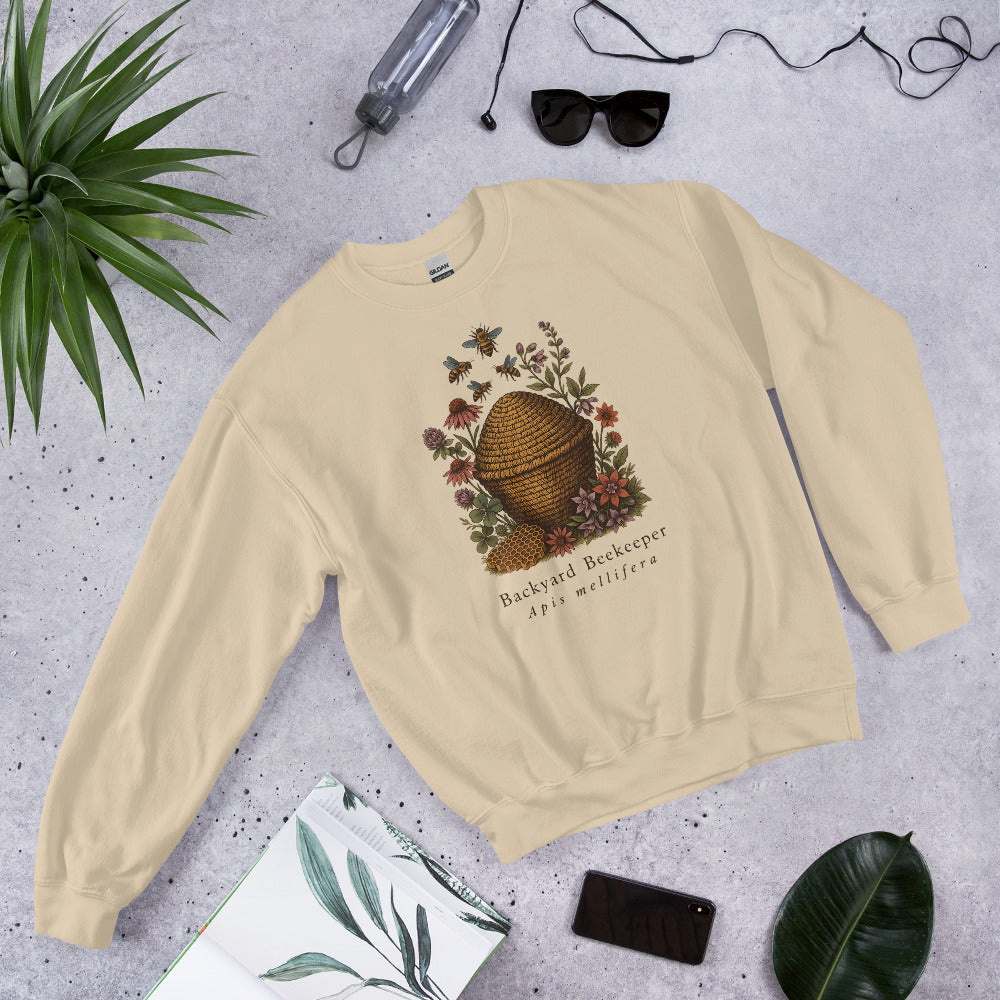 Backyard Beekeeper field-guide bee crewneck sweatshirt — Sand, front-right