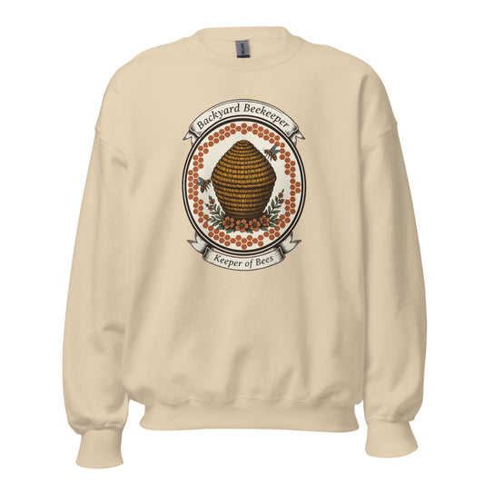 Backyard Beekeeper Keeper of Bees vintage apiary crest crewneck sweatshirt — Sand, front