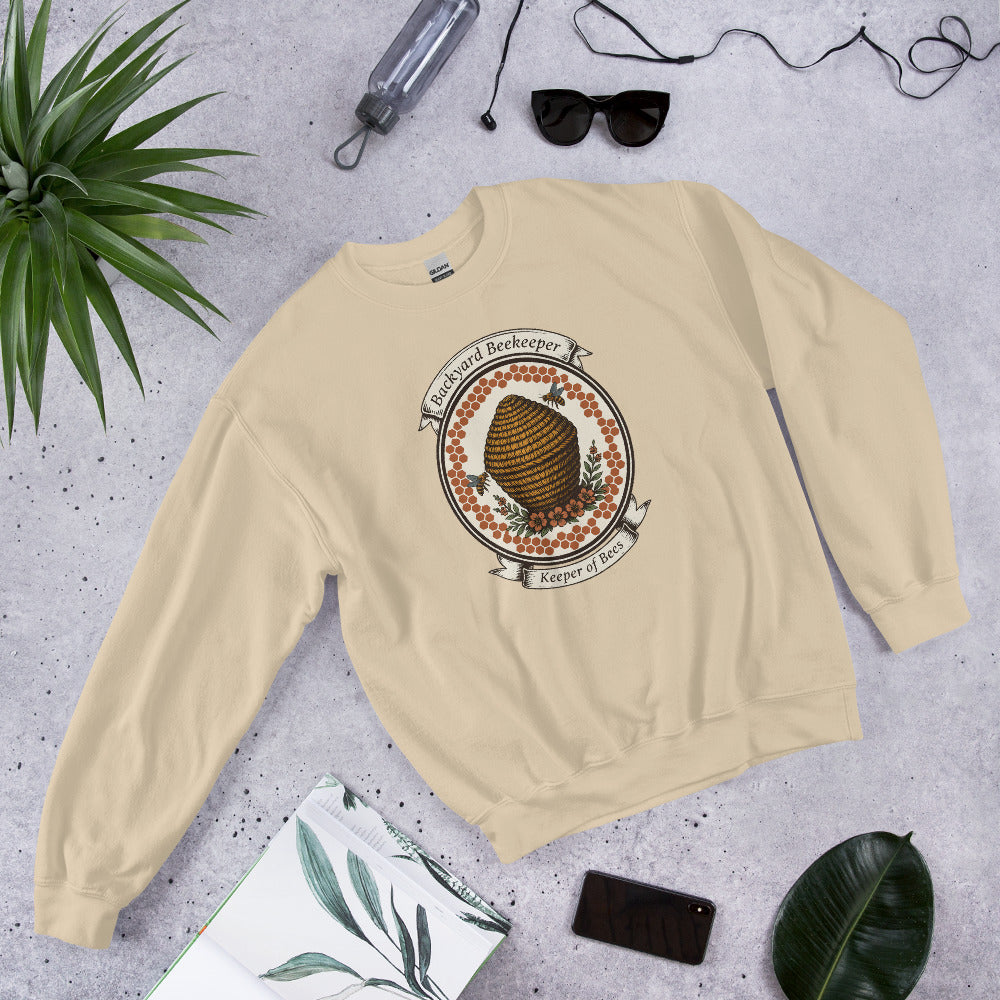 Backyard Beekeeper Keeper of Bees vintage apiary crest crewneck sweatshirt — Sand, front-right