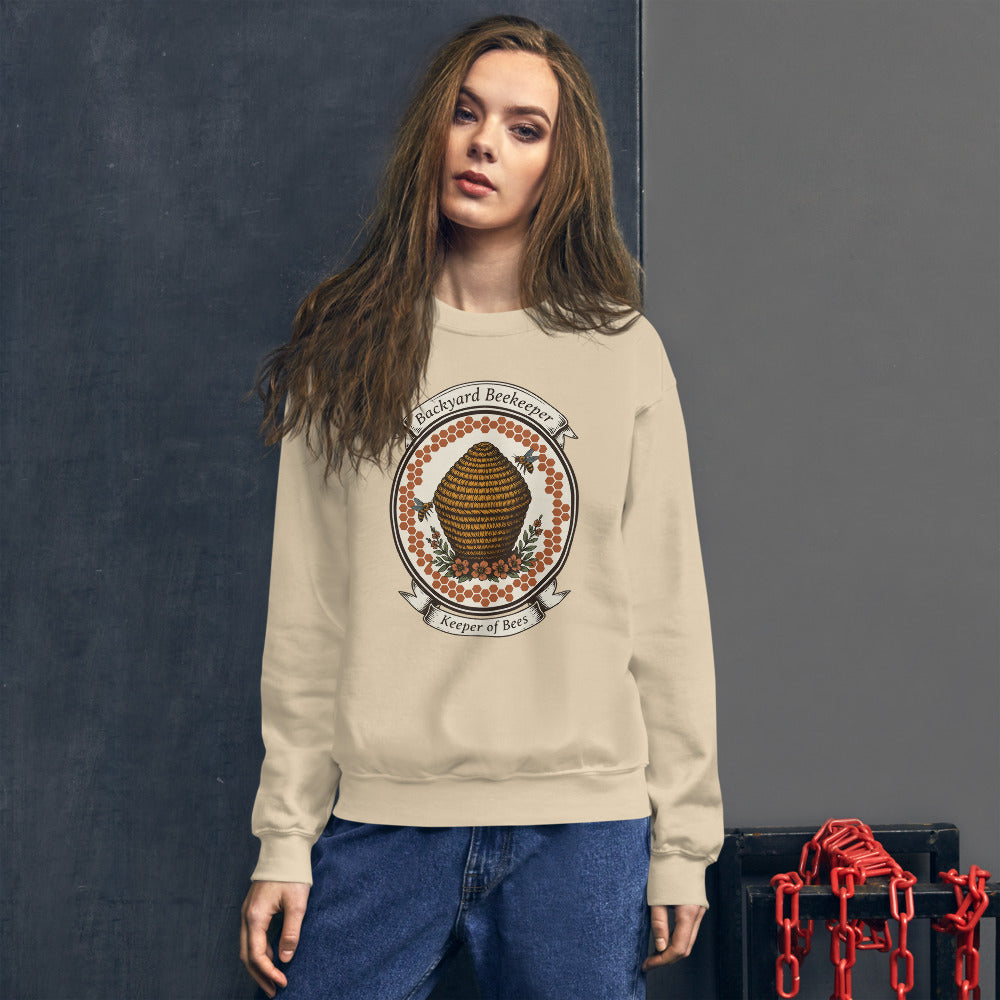 Backyard Beekeeper Keeper of Bees vintage apiary crest crewneck sweatshirt — Sand, on model