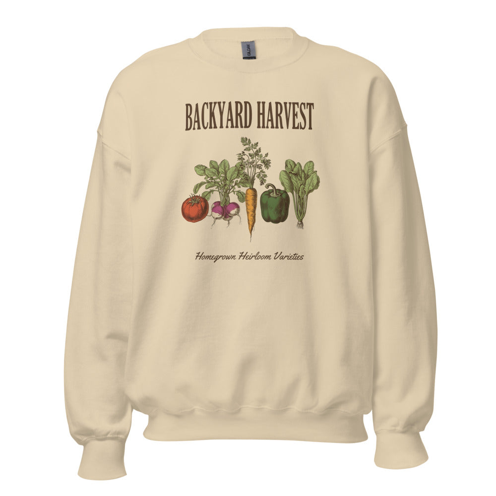 Backyard Harvest heirloom vegetable gardening crewneck sweatshirt — Sand, front