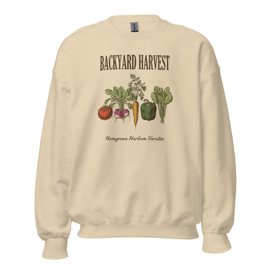 Backyard Harvest heirloom vegetable gardening crewneck sweatshirt — Sand, front