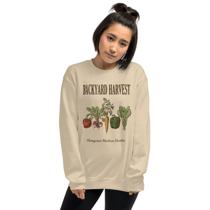 Backyard Harvest heirloom vegetable gardening crewneck sweatshirt — Sand, on model