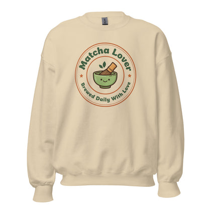 Matcha Lover retro café badge crewneck sweatshirt — Sand, front