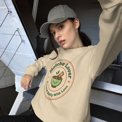 Matcha Lover retro café badge crewneck sweatshirt — Sand, on model