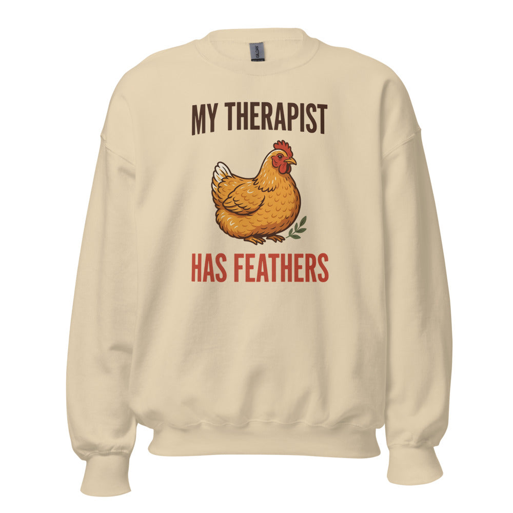 My Therapist Has Feathers funny chicken keeper crewneck sweatshirt — Sand, front