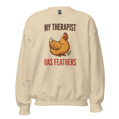 My Therapist Has Feathers funny chicken keeper crewneck sweatshirt — Sand, front