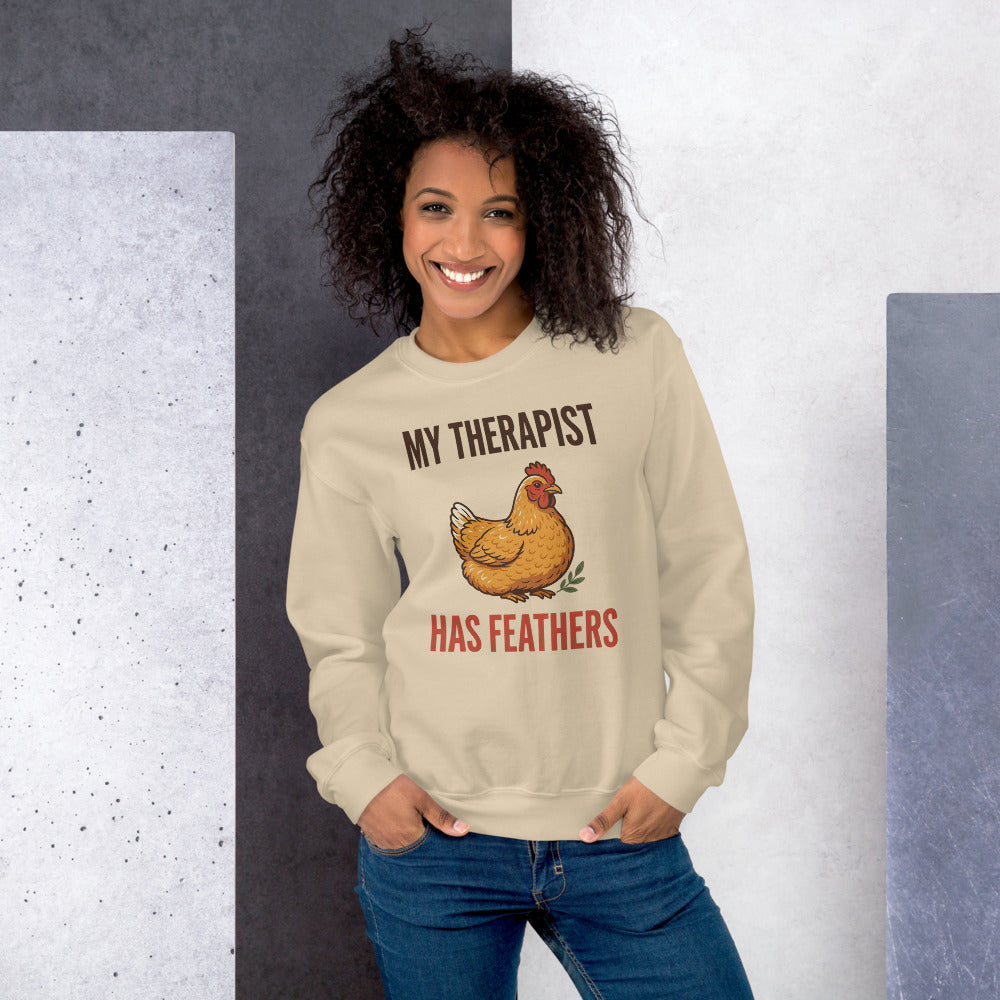 My Therapist Has Feathers funny chicken keeper crewneck sweatshirt — Sand, on model