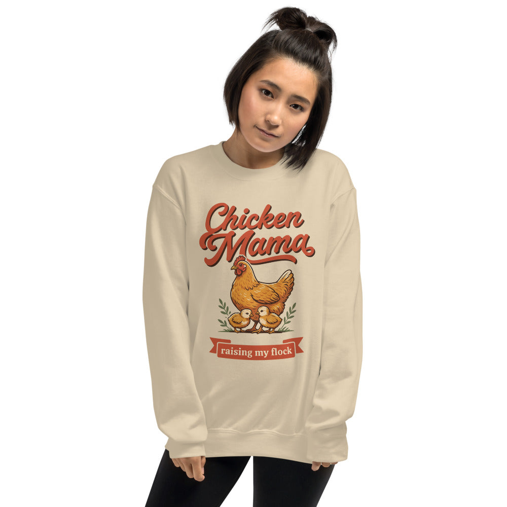 Chicken Mama raising my flock chicken keeper crewneck sweatshirt — Sand, on model