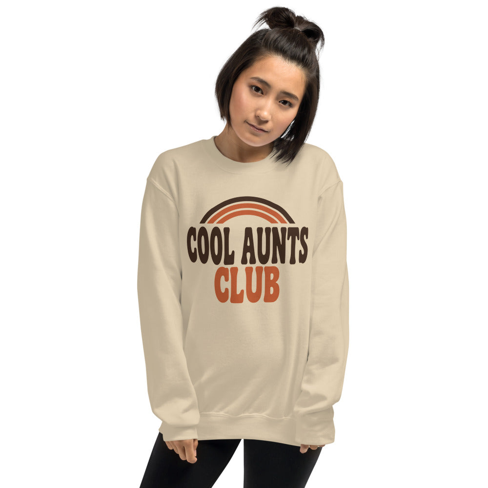 Cool Aunts Club retro groovy aunt crewneck sweatshirt — Sand, on model