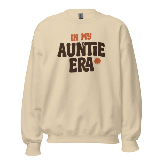 In My Auntie Era retro groovy aunt crewneck sweatshirt — Sand, front
