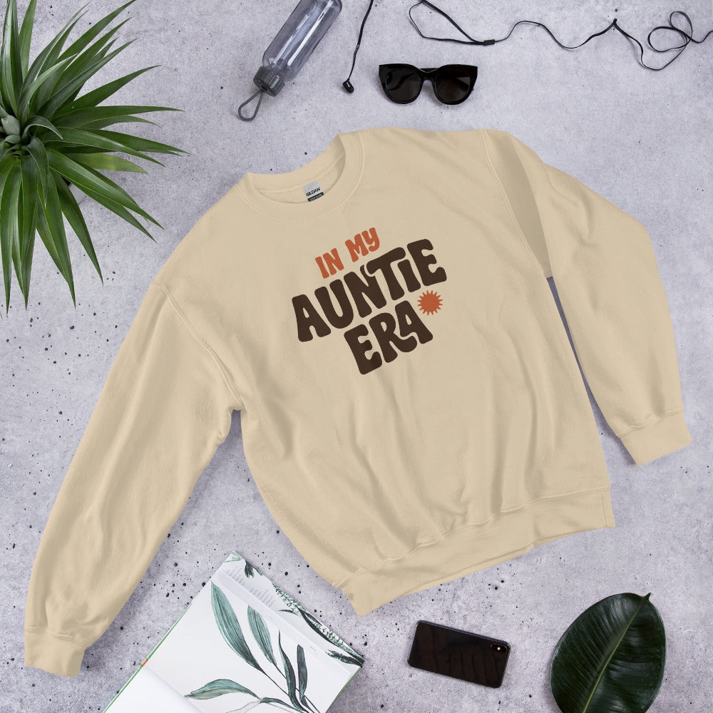 In My Auntie Era retro groovy aunt crewneck sweatshirt — Sand, front-right