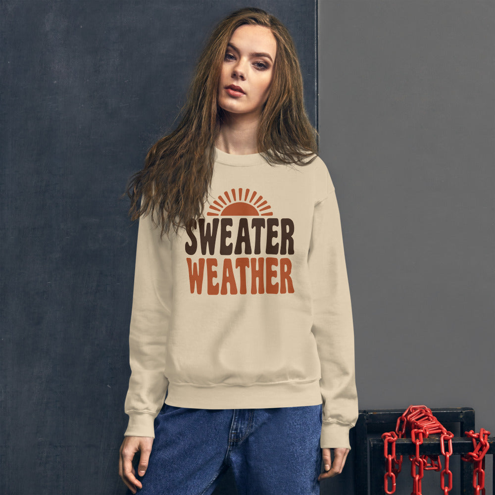 Sweater Weather retro 70s fall crewneck sweatshirt — Sand, on model