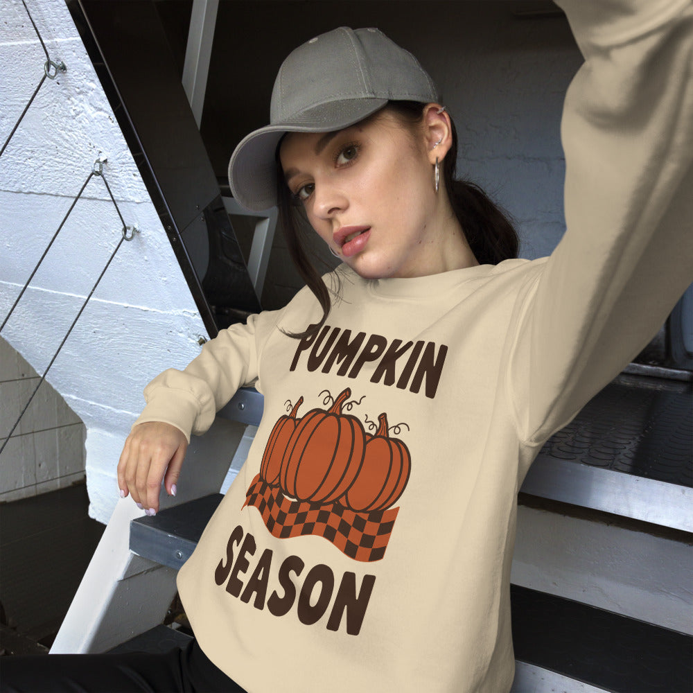 Pumpkin Season retro 70s fall crewneck sweatshirt — Sand, on model