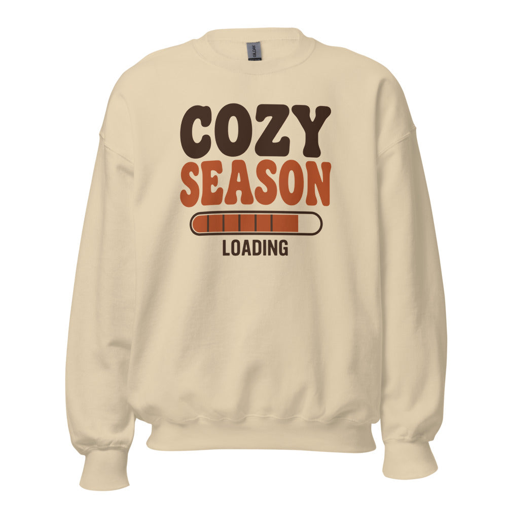 Cozy Season Loading retro 70s fall crewneck sweatshirt — Sand, front