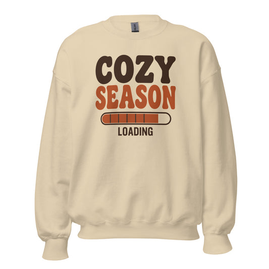Cozy Season Loading retro 70s fall crewneck sweatshirt — Sand, front