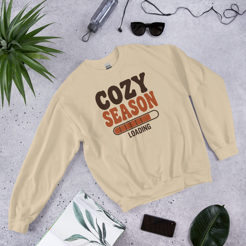 Cozy Season Loading retro 70s fall crewneck sweatshirt — Sand, front-right