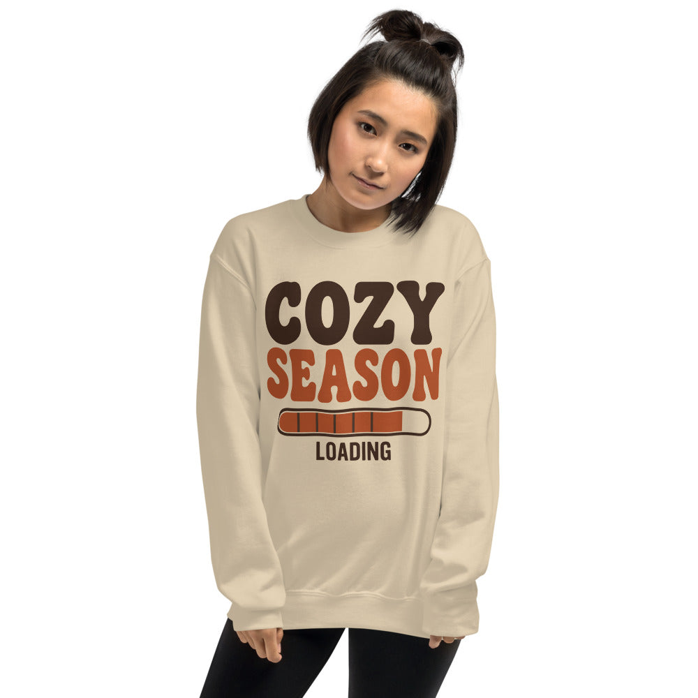 Cozy Season Loading retro 70s fall crewneck sweatshirt — Sand, on model